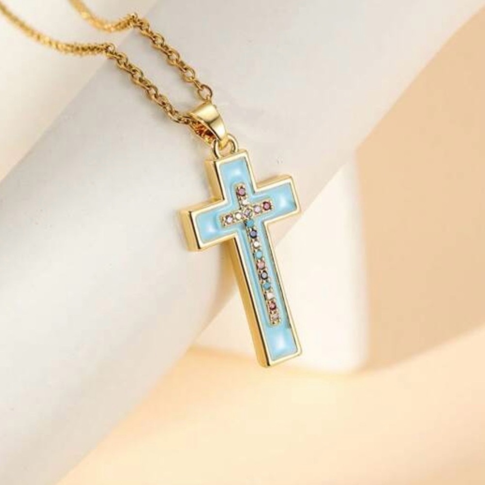 Gold and Blue Cross Rhinestone Pendant Necklace